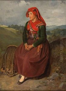 Sitzende Frau In Tracht Vor Hugeliger Landschaft by Kaspar Kaltenmoser