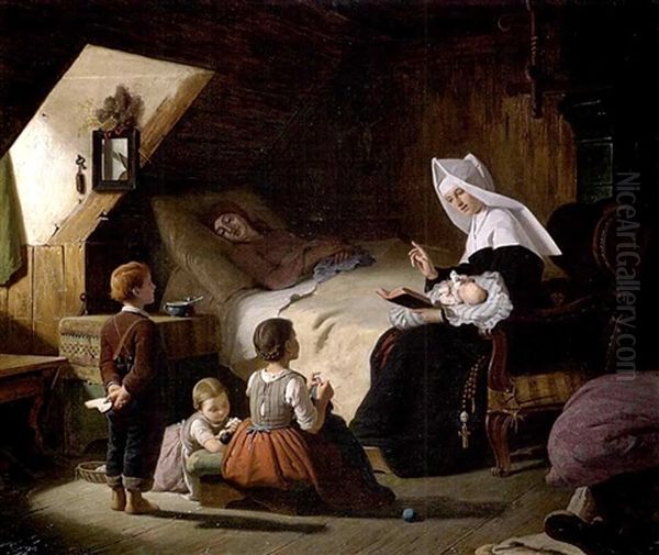 Kinder Und Eine Nonne Bei Der Kranken Mutter In Der Stube - view 1