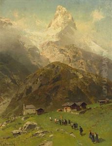 Prozession In Einem Bergdorf, Im Hintergrund Das Aufragende Matterhorn. Sommertag