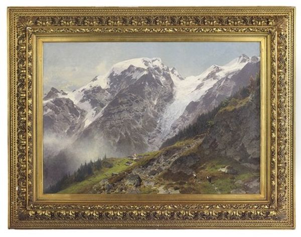 Alpine Landscape With Figures, A Town In The Distance - view 1