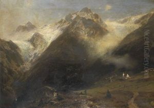 Berglandschaft Mit Kleinem Ort Und Zwei Gletschern by Otto von Kameke