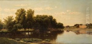 A River Landscape With A Washerwoman A River Landscape With A Washerwoman