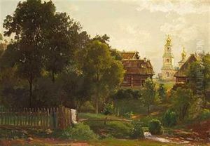 Russisk Landsby. I Baggrunden En Kirke Med Tarne Russisk Landsby. I Baggrunden En Kirke Med Tarne