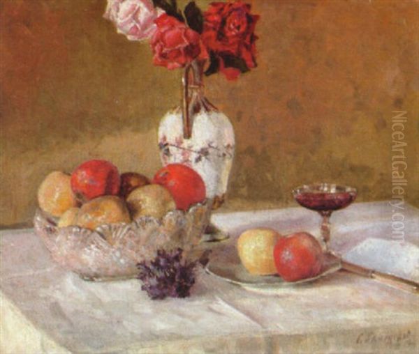 Fruchtestilleben Mit Ziergegenstanden Und Einem Rosenstrauss - view 1
