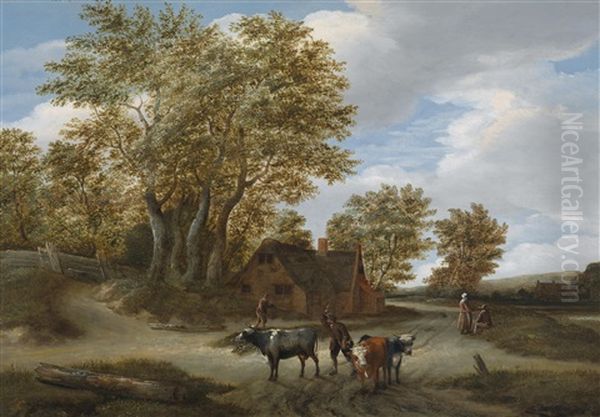 Landschaft Mit Einer Bauernkate Unter Baumen Und Landlicher Staffage - view 1