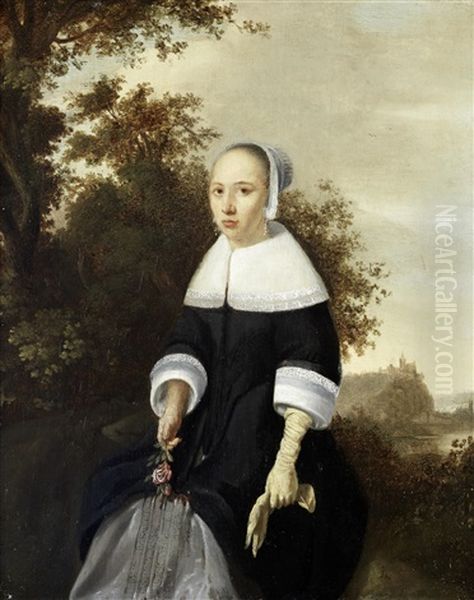Portrait Of A Young Lady, Three-quarter-length, Holding A Rose, Standing Before An Open Landscape - view 1