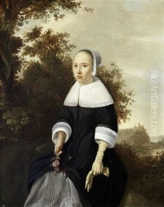Portrait Of A Young Lady, Three-quarter-length, Holding A Rose, Standing Before An Open Landscape by Godaert Kamper