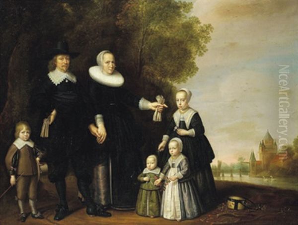 Eine Hollandische Familie In Einer Bewaldeten Flusslandschaft Mit Einem Wasserschloss Im Hintergrund - view 1