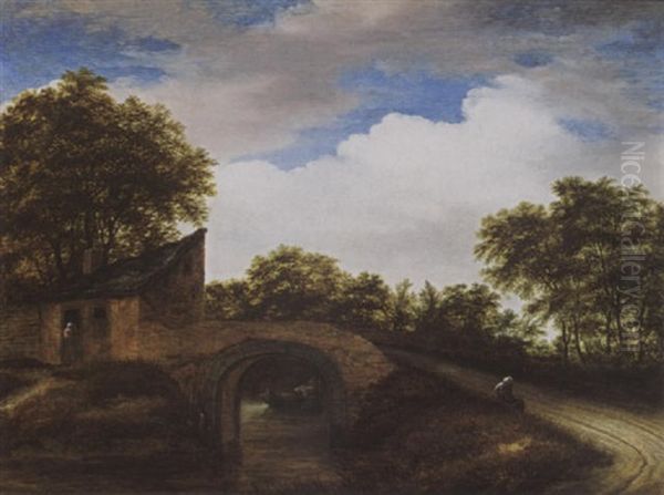 A Wooded Landscape With A Woman Resting On A Path, Fishermen In A Boat Under A Bridge - view 1