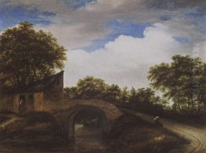 A Wooded Landscape With A Woman Resting On A Path, Fishermen In A Boat Under A Bridge
