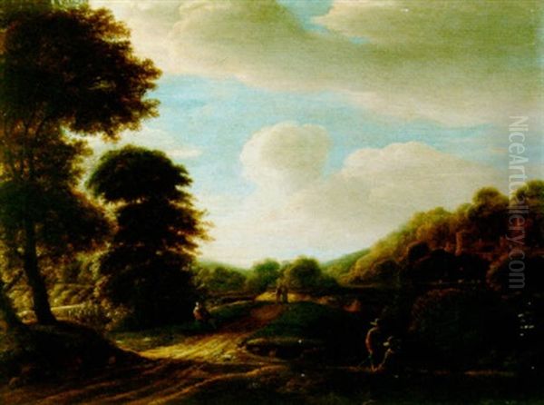 A Wooded Landscape With Travellers In A Path, And A Village Beyond - view 1