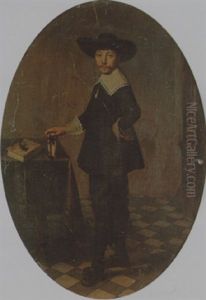 Portrait Of A Gentleman In An Interior Standing By A Table With His Hand On A Book by Godaert Kamper