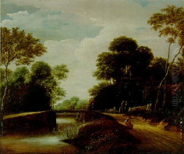 Wooded River Landscape With A Bridge And Peasants On A Path By A Cottage - view 1