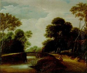 Wooded River Landscape With A Bridge And Peasants On A Path By A Cottage by Godaert Kamper
