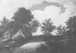 A Dutch Landscape With Houses And Figures On A Road by Godaert Kamper