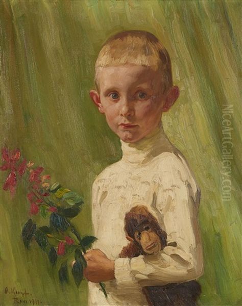 Portrait Of A Boy With A Flowering Branch And A Monkey - view 1