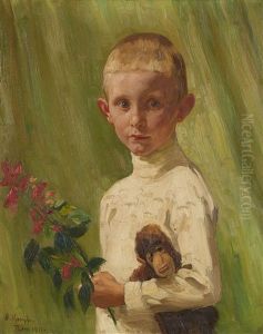 Portrait Of A Boy With A Flowering Branch And A Monkey by Arthur Kampf