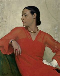 Portrait Einer Dame Im Art-deco-kleid Mit Goldenem Collier, Armreif Und Ring by Arthur Kampf