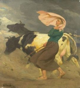 Vor Dem Unwetter. Bauersfrau Mit Kuhen Auf Dem Heimweg by Arthur Kampf