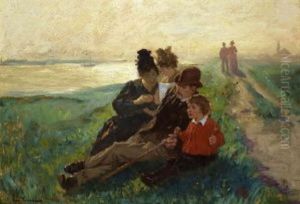 Rastende Familie Auf Dem Deich Am Flussufer