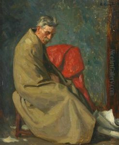 Auf Einem Stuhl Sitzender, Erschopft Zur Erde Blickender, In Eine Decke Gehullter Mann by Arthur Kampf