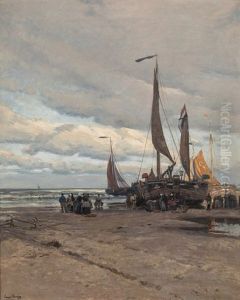 Kustenlandschaft Mit Fischerfamilien Beim Entladen Der Boote by Eugen Kampf