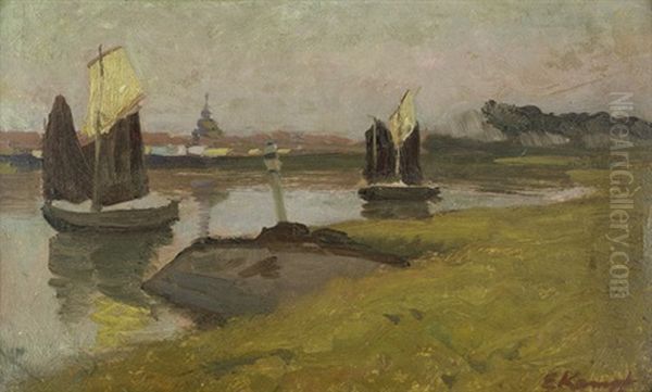 Niederrheinische Fluslandschaft Mit Segelbooten Im Abendlicht - view 1