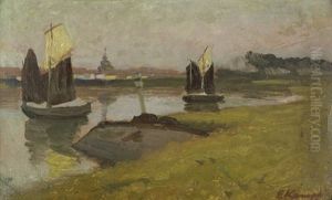 Niederrheinische Fluslandschaft Mit Segelbooten Im Abendlicht by Eugen Kampf