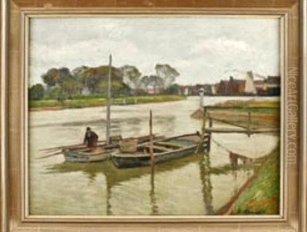 Partie Am Fluss Mit Fischer Und Zwei Booten An Der Anlegestelle - view 1