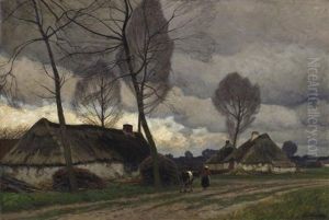 Reetgedeckte Bauernkaten In Der Dammerung. Davor Auf Einem Weg Eine Bauerin Mit Kuh by Eugen Kampf