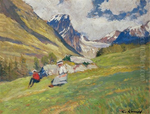 Landschaft Im Unterengadin Mit Rastenden Wanderern - view 1