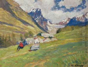 Landschaft Im Unterengadin Mit Rastenden Wanderern by Eugen Kampf