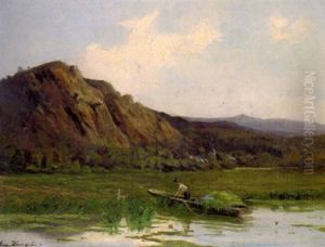 Gebirgige Landschaft (eifel?) Mit Heuboot An Einem Seeufer