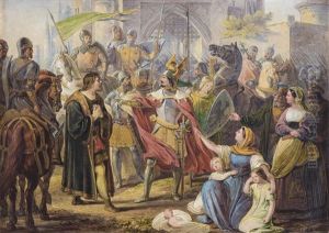 Herzog Spitignew Halt Vor Dem Stadttore Prags Gericht by Wilhelm Kandler