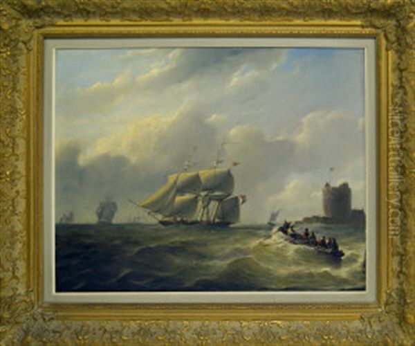 Frigate Off A Fortified Headland With Figures In A Dinghy - view 1
