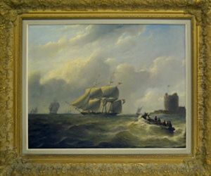 Frigate Off A Fortified Headland With Figures In A Dinghy by Christian Cornelis Kannemans