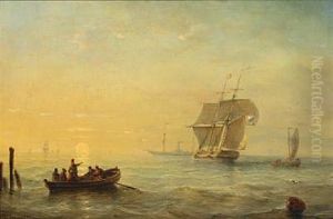 Seascape With Sailing Ships, Paddle Steamer And Rowing Boat At Sunset by Christian Cornelis Kannemans