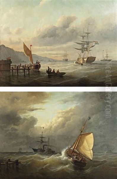 Dutch Vessels In A Sunlit Bay (+ Ships Caught In Rough Waters; Pair) - view 1