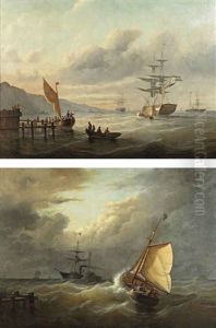 Dutch Vessels In A Sunlit Bay (+ Ships Caught In Rough Waters; Pair) by Christian Cornelis Kannemans