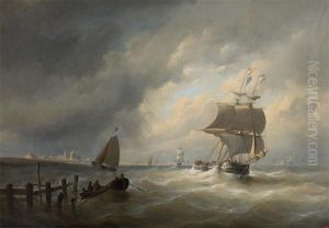 Depart Du Deux-mats Sur Fond De Village Cotier by Christian Cornelis Kannemans