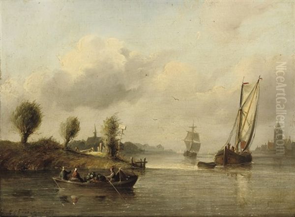 Boats In A Calm Near A Town - view 1