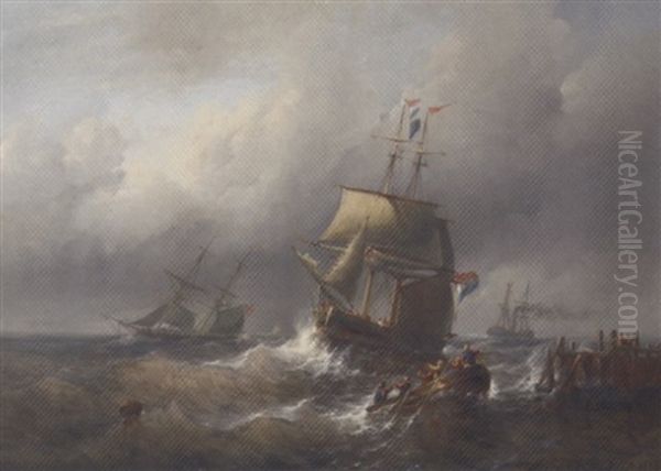 A Two-master Approaching A Harbour On Choppy Waters - view 1