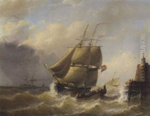 A Tallship On Choppy Water By A Lighthouse