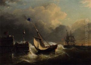 Sailing Vessels Near The Harbour Entrance At Dusk
