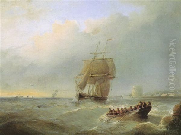 Vessels Off A Coastline At Sunset - view 1