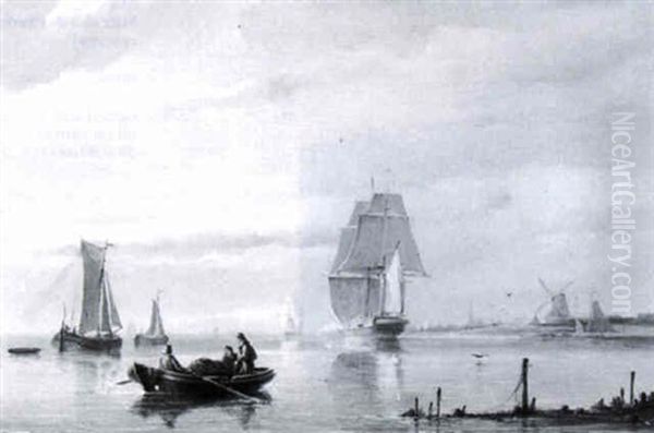 A Dutch River Scene With A Town And A Windmill In The Distance - view 1