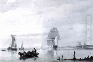 A Dutch River Scene With A Town And A Windmill In The Distance by Christian Cornelis Kannemans