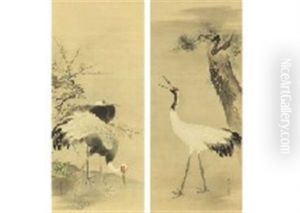 Pine, Bamboo And Plum And Crane(a Pair) by Hogai Kano