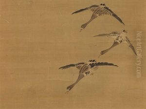 Geese And Flowers by Isen'in Naganobu Kano