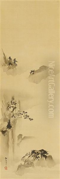 Three Hanging Scrolls (a Triptych) Depicting Jurojin At The Center And Two Landscapes In Haboku Style - view 1